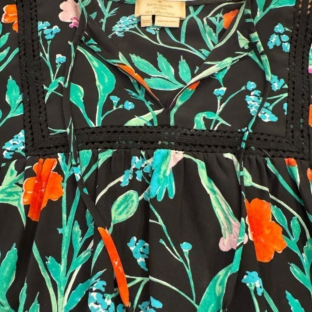 Kate Spade Hummingbird Silk Floating Blouse / tassle ties/  xxs
